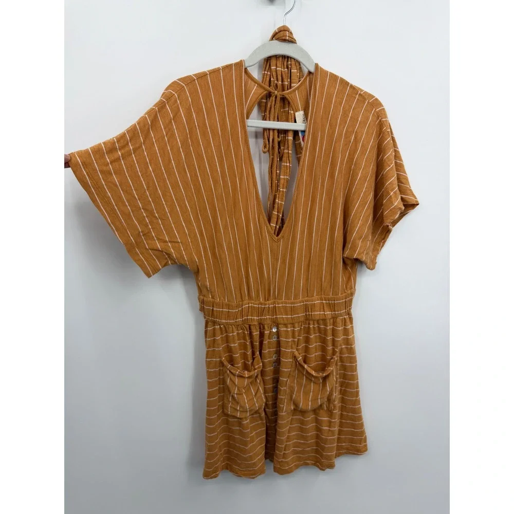 Free People‎ fp Beach paradise Striped dress XS Orange White V-Neck Cutout Back